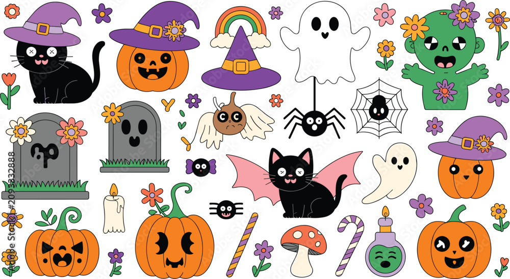 Obraz premium Cute Halloween vector sticker set with spooky pastel cartoon pumpkins black cats ghosts zombies and witch hats isolated on white background