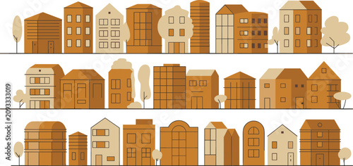 Fotografie Minimalist city building vector illustration set featuring flat brown houses str