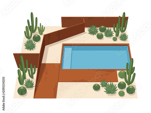 Obraz na plátne Aerial view of a minimalist desert garden landscape featuring a modern swimming