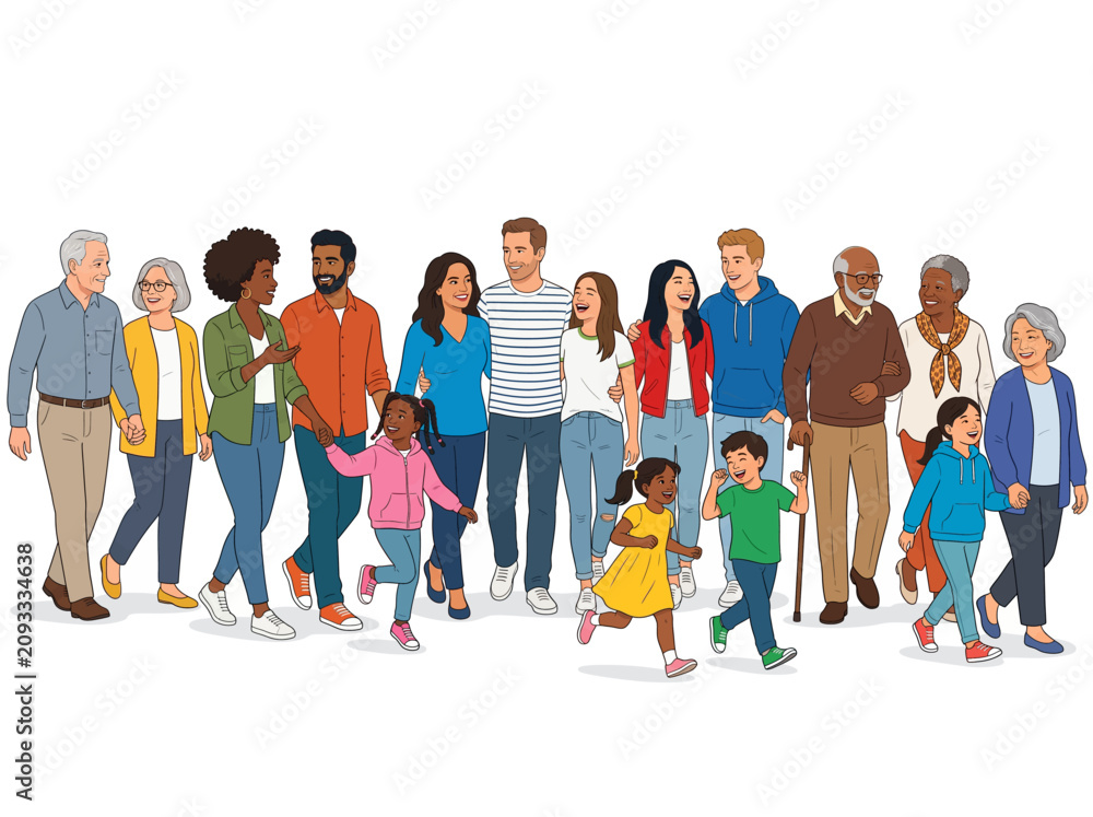 Obraz premium Multi-generational diverse group of people walking together in a supportive community