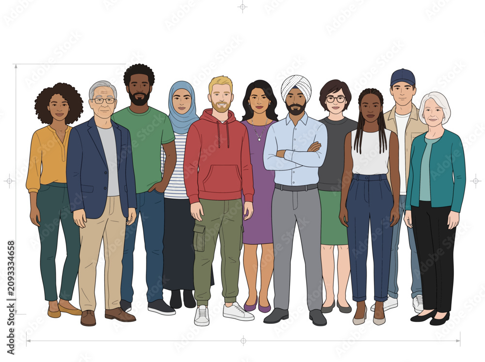 Obraz premium Diverse Group of Multicultural People Standing Together Representing Inclusivity and Social Unity Illustration