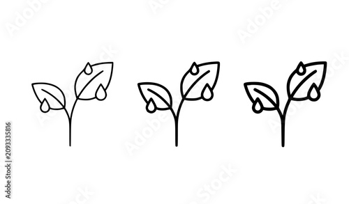 Eco Growth Sprout Icons with Water Drop in Three Line Weight Variations