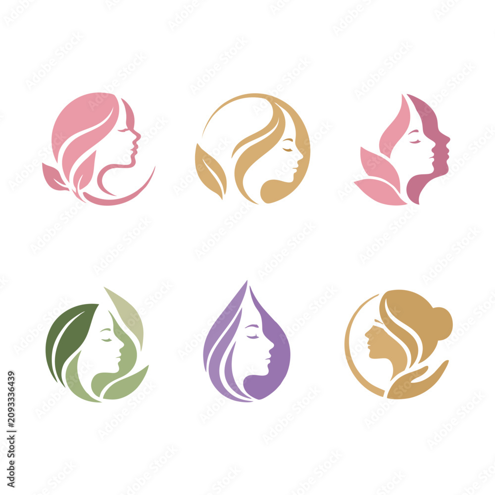 Obraz premium Minimalist Beauty Salon Woman Face Logo Collection with Leaf Elements Vector Set