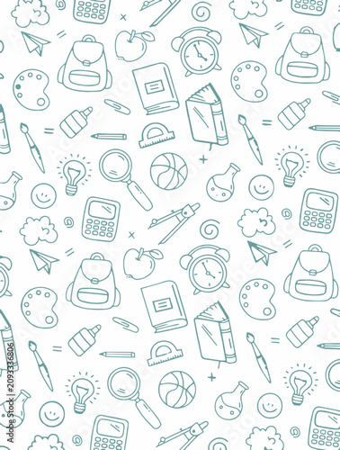 Cute school supply icons repeat ornament in monochrome green line art style seamless vector pattern