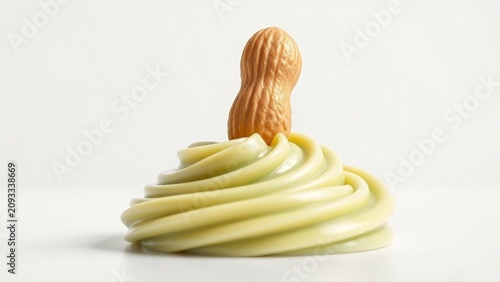 A single in-shell peanut stands upright in a glossy pale-green cream swirl on a clean white background, creating a playful, minimalist food still life that highlights smooth texture and contrast.

