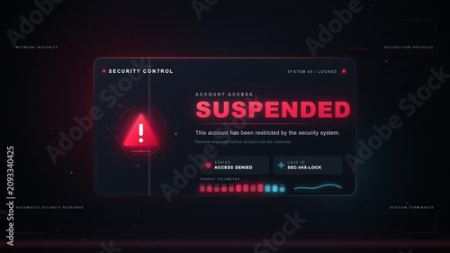 Futuristic cybersecurity interface displaying account suspended and access denied alert