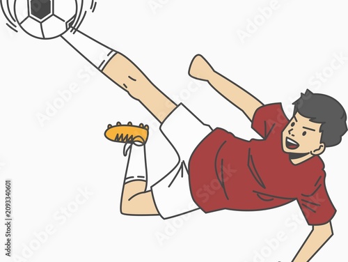 Illustration of a male soccer player performing a bicycle kick. The player wears a red jersey, white shorts, and yellow cleats. His leg is extended to strike a black-and-white soccer ball. The scene c
