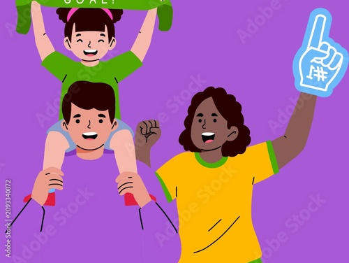 Illustration of three people celebrating. A young girl in a green shirt is riding on a man's shoulders, holding a green banner labeled 