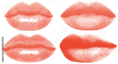 Four isolated halftone red lips illustration vector icons for beauty makeup design.
