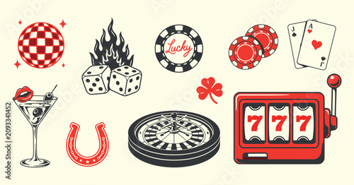 Casino themed Vector Illustration Featuring Playing Cards Dice And A Roulette Wheel