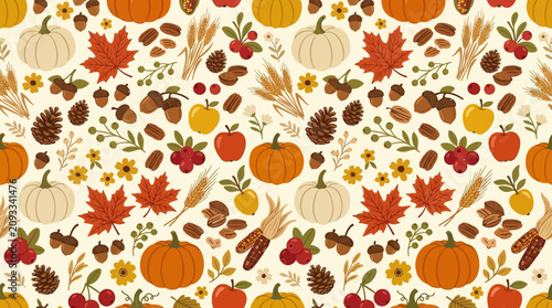 A vibrant arrangement of seasonal fall elements like pumpkins and leaves are scattered across the surface.