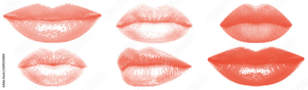 Fototapeta premium Set of halftone lips from various angles, vector illustration of mouth expressing different emotions.