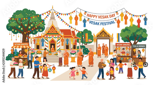 Foto Diverse Community Celebrates Vesak Day Festival with Monks and Offerings at Temp
