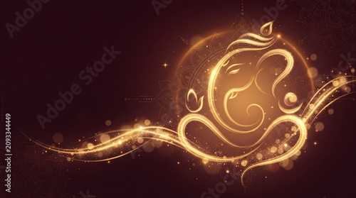 Glowing golden lord ganesha silhouette formed by sparkling light trails and intricate mandala patterns against a dark elegant brown background