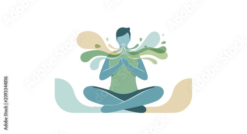 Konstfotografi This minimalist vector depicts a person in a meditative cross-legged pose, exhaling vibrant, flowing colorful streams of air and energy
