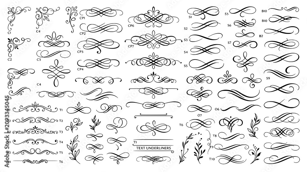 Fototapeta premium Set of elegant vintage calligraphic decorative swirls and dividers with flourish