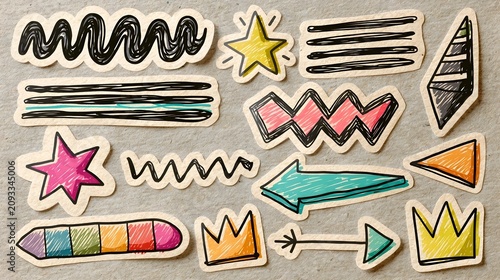 Funky doodle scrapbook collage vector stickers. Crayon drawn doodle elements cut out on beige craft paper. Hand drawn scrapbook stickers with squiggle lines, underlines, stars, arrows and crowns.