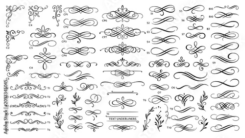 Foto Set of elegant vintage calligraphic decorative swirls and dividers with flourish