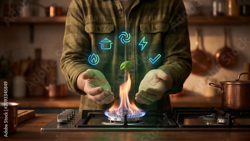 Biogas and renewable natural gas, man with cupped hands around gas stove flame with leaf, cooking pot and energy icons in kitchen, green cooking, sustainable home energy and clean fuel supply