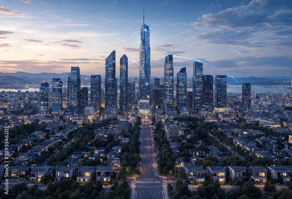 Obraz premium Miniature smart city with glowing blue network connections illustrating IoT, digital infrastructure, AI, wireless communication, automation, sustainable urban planning, future connectivity concept.