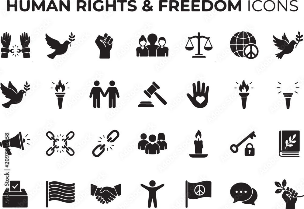 Obraz premium Human rights and freedom icons in a grid with diverse symbols for justice and peace against a white background