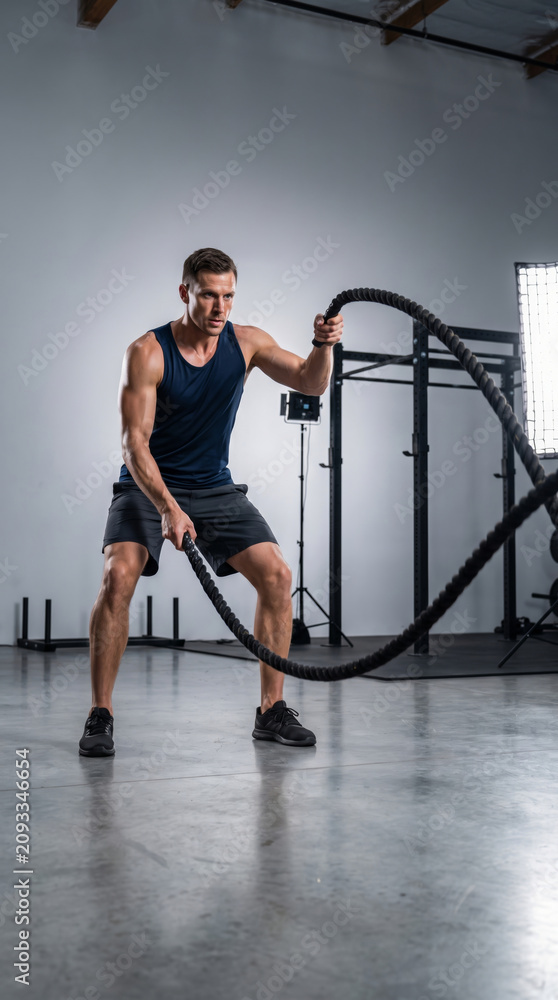 Fototapeta premium Fitness man rope workout garage gym strength training focus. Fitness sport exercise training. strength weight dumbbell equipment, home indoor room interior