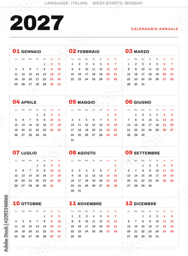 Modern 2027 portrait calendar in italian for Italy with clean grid