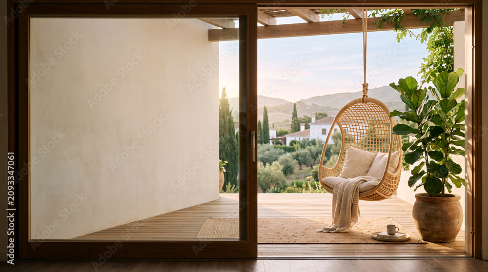 Fototapeta premium Rattan hanging chair on terrace framing a sunlit countryside village view