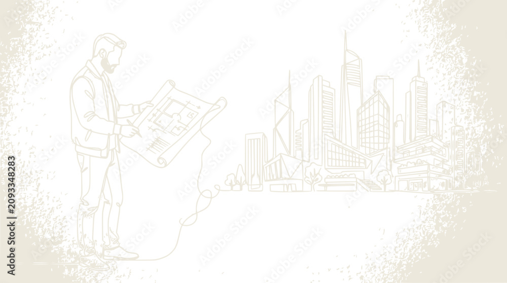 Obraz premium Architect holding blueprint plan and city skyline sketch line art background