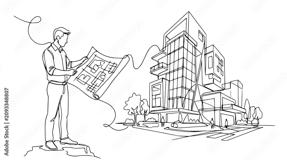 Naklejka premium Architect holding blueprint looking at modern building continuous line drawing