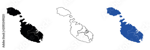 Map outlines of Malta, Gozo, and Comino islands in the Mediterranean Sea