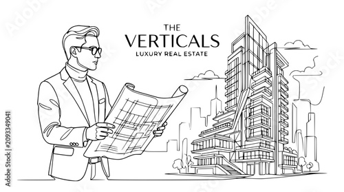Architect holding blueprint near modern skyscraper line art sketch