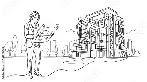 Architect holding blueprint next to modern building continuous line drawing
