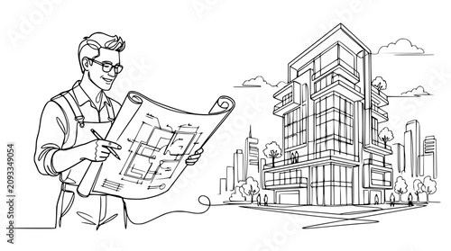 Architect holding blueprint next to modern building line art illustration