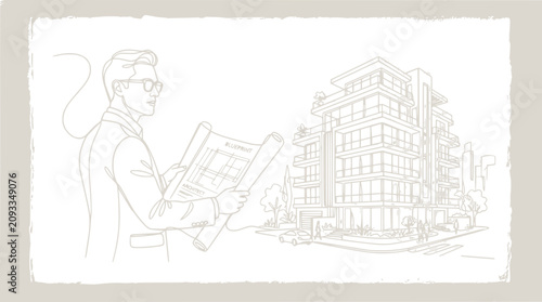 Architect holding blueprint next to modern building sketch, line art illustration