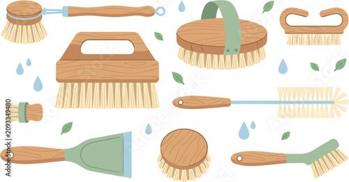Canvastavla Eco friendly wooden cleaning brushes vector elements set with bottle brush scrap