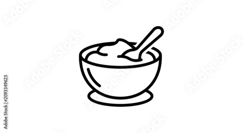 Vector image of a complete bowl of hot soup or delicious creamy yogurt porridge with a spoon sticking out inside the dish