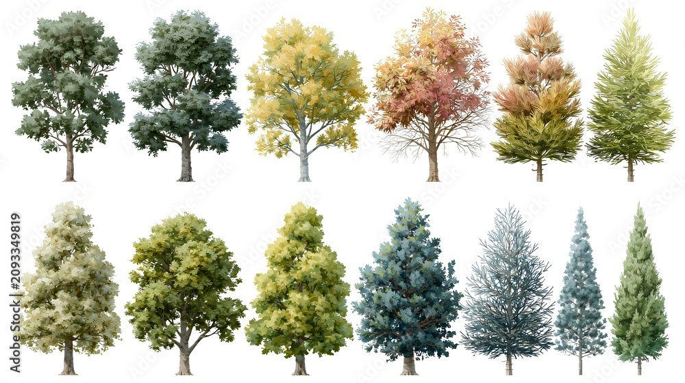 Fototapeta premium Pack of colorful trees in elevation and plan view for use in architectural drawings isolated on white background background Stock Illustration