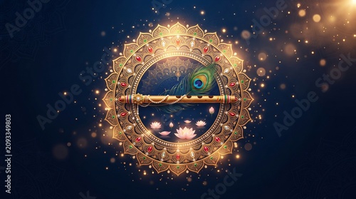 Traditional flute with peacock feather placed inside an ornate circular golden frame decorated with glowing lights and soft floral petals