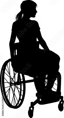 Silhouette of a woman seated in a wheelchair, with her head turned slightly to the side as if observing something. The image conveys awareness, independence, and adaptability in everyday settings.