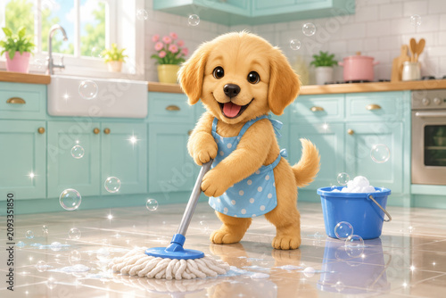 Golden retriever puppy cleaning kitchen floor with mop and bucket. Cute cartoon dog wearing blue apron doing housework. Domestic life, spring cleaning and household chore funny concept.