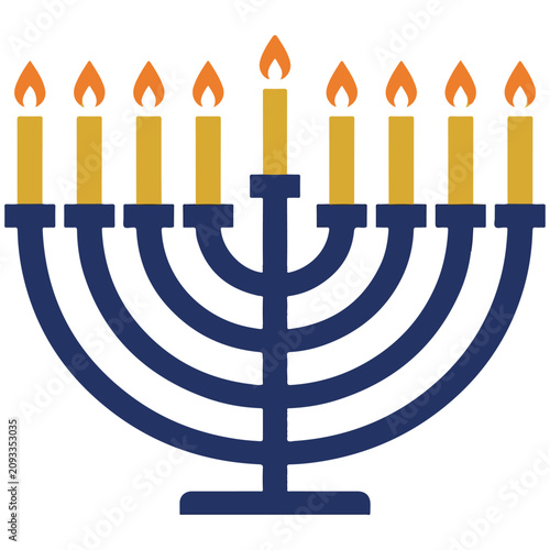 Tableau sur toile Traditional blue hanukkah menorah with nine golden lit candles flat graphic hanu
