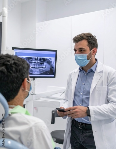 Dentist explaining digital dental scan to an adult patient in a contemporary clinic, modern equipment, reassuring communication, clean white interior, realistic commercial healthcare scene.