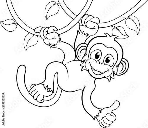 Canvas Print A monkey cartoon character singing on jungle vines and giving a thumbs up