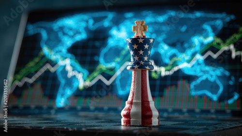 Concept of global market strategy with king chess piece painted in American flag colors standing in front of digital world map and rising financial data graph