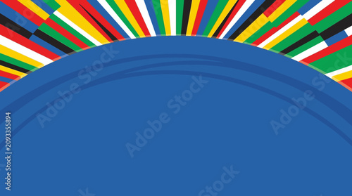 Fotografie Vibrant colorful flags radiate behind a blue archway in a celebratory event atmosphere