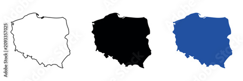 Fotografie Outline map of Poland in three distinct styles: black and white, solid black, an