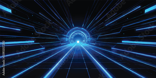 Foto Futuristic Blue Quantum Portal Tunnel with Cyber Grid Floor, High Speed Data Cor
