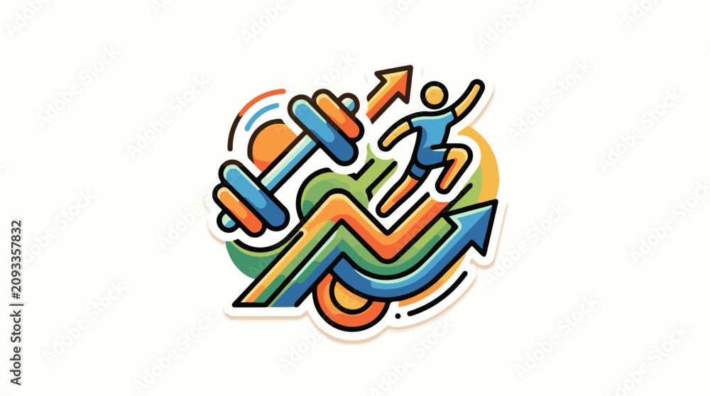 Fototapeta premium Energetic person running on a growth arrow with dumbbells