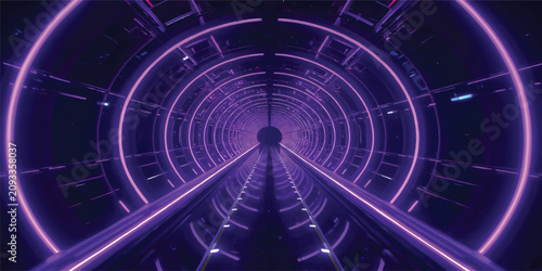Schilderij op canvas Futuristic Purple Neon Circular Tunnel with Glowing Rings and Infinite Sci Fi Tr
